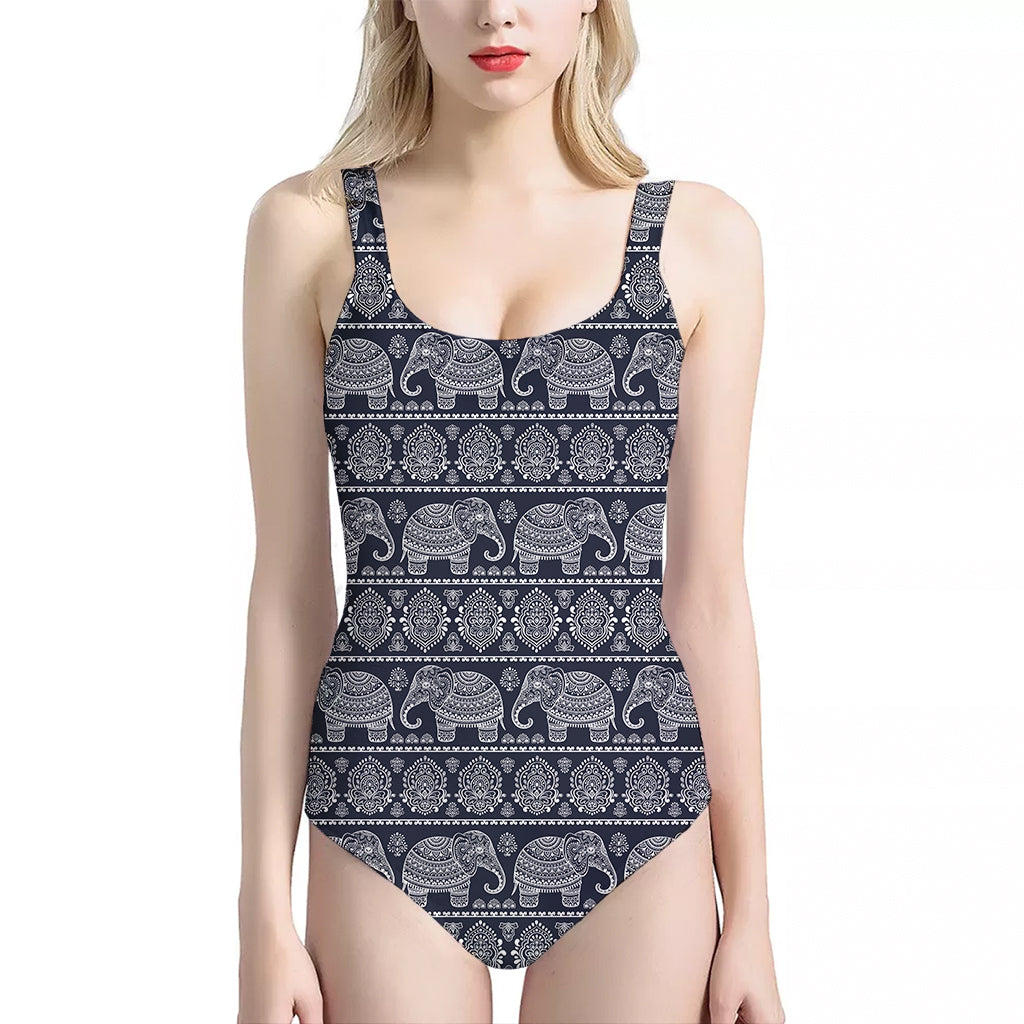 White And Blue Indian Elephant Print One Piece Halter Neck Swimsuit