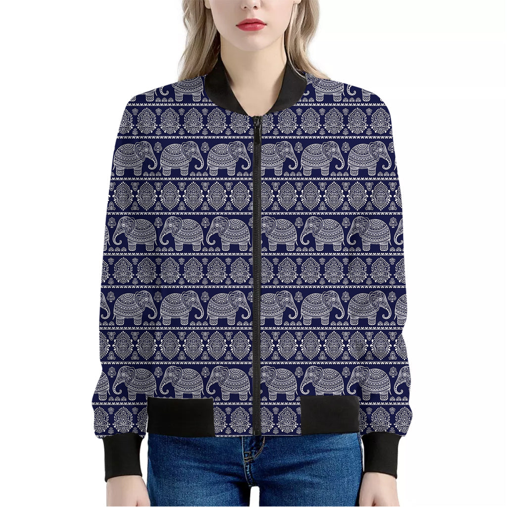 White And Blue Indian Elephant Print Women's Bomber Jacket