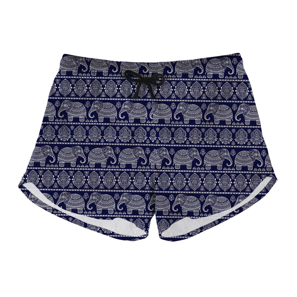 White And Blue Indian Elephant Print Women's Shorts