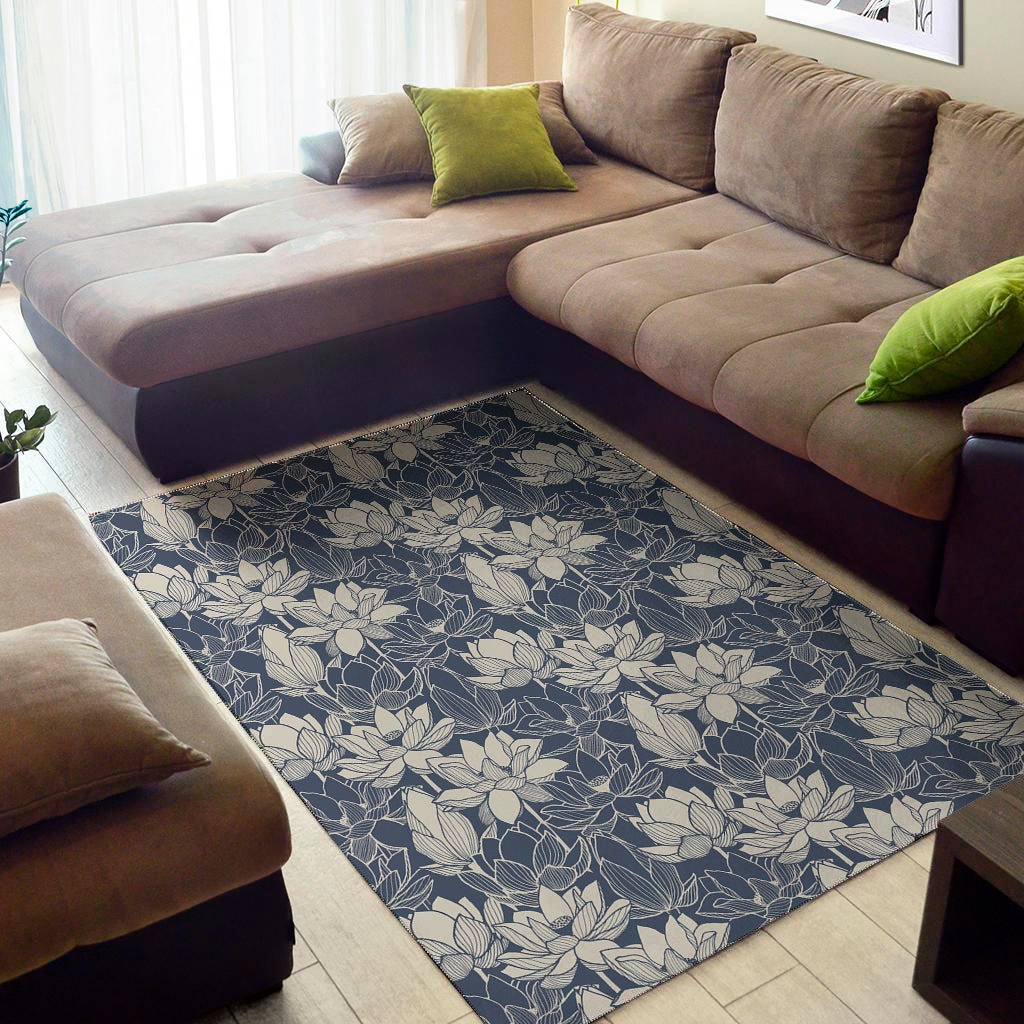 White And Blue Lotus Flower Print Area Rug