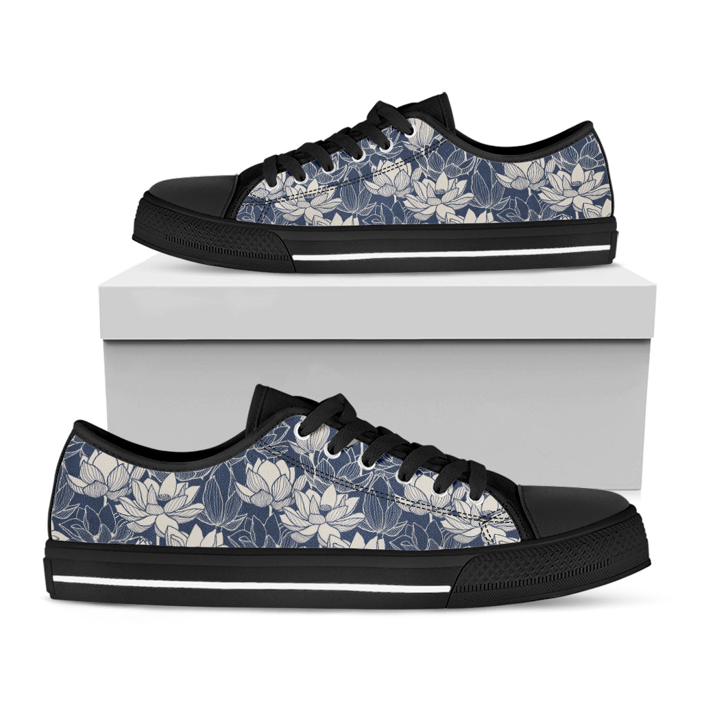 White And Blue Lotus Flower Print Black Low Top Shoes