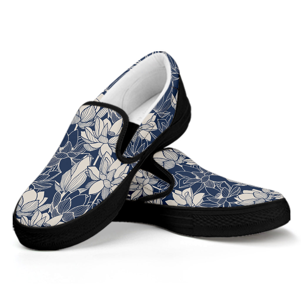 White And Blue Lotus Flower Print Black Slip On Shoes