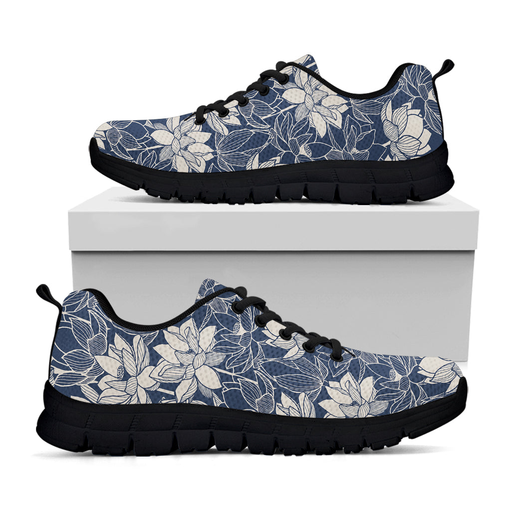 White And Blue Lotus Flower Print Black Sneakers