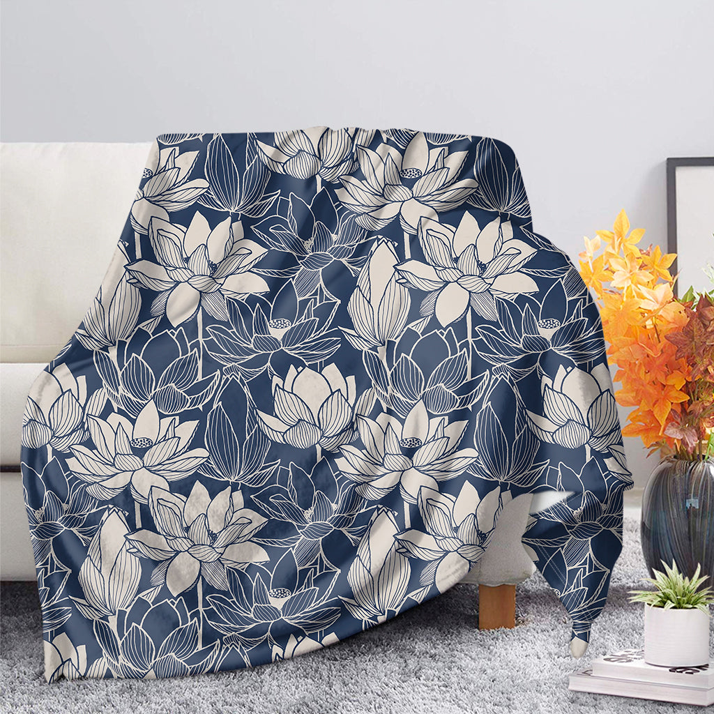 White And Blue Lotus Flower Print Blanket