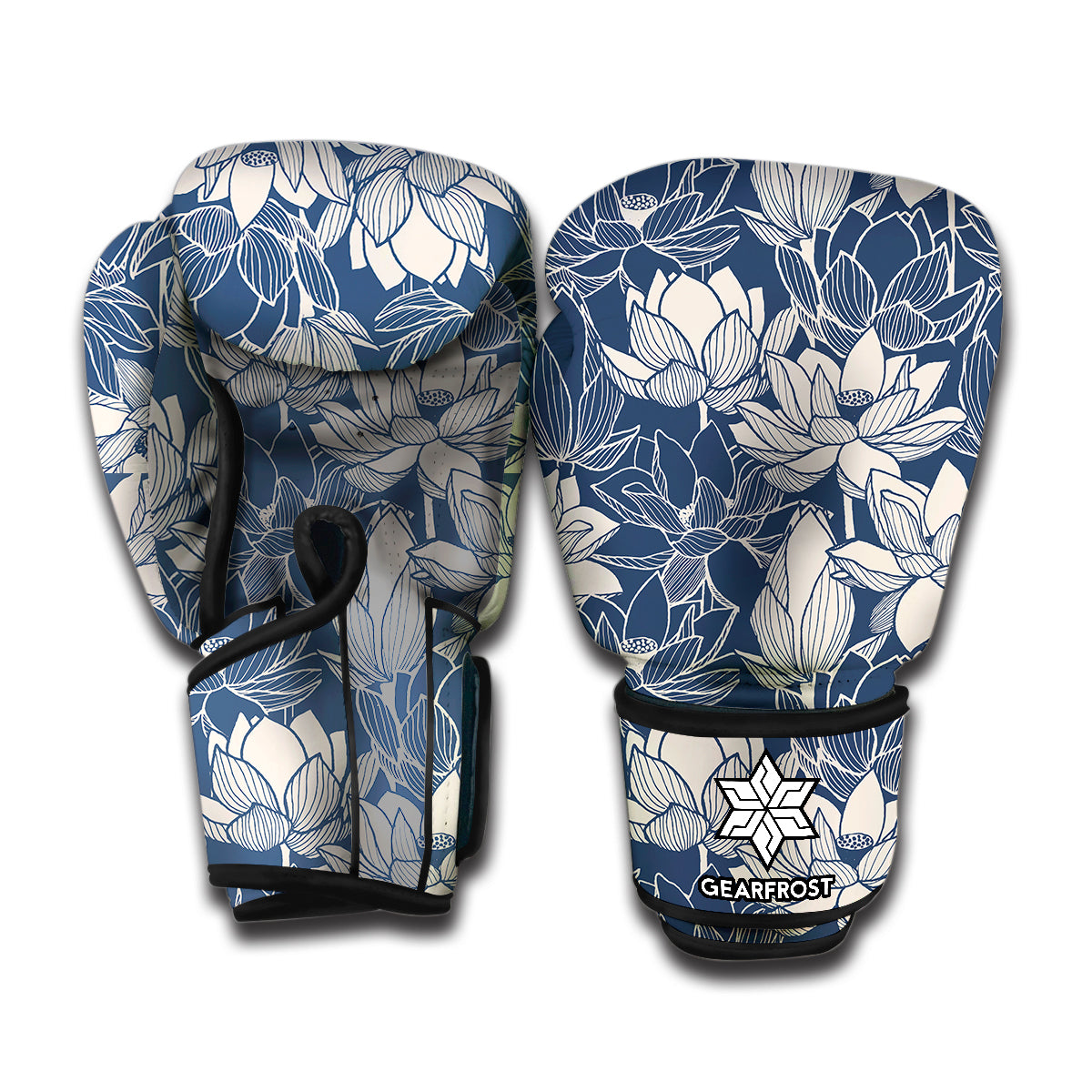 White And Blue Lotus Flower Print Boxing Gloves