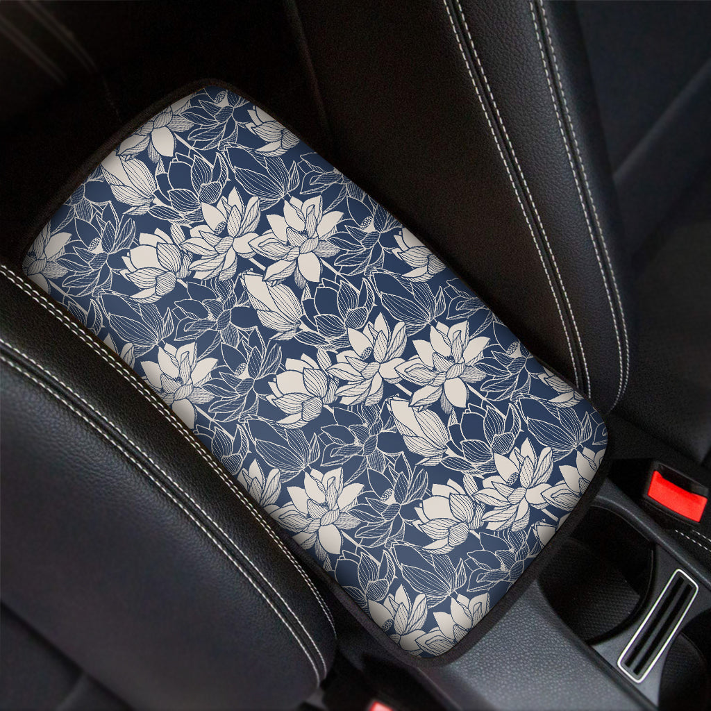 White And Blue Lotus Flower Print Car Center Console Cover