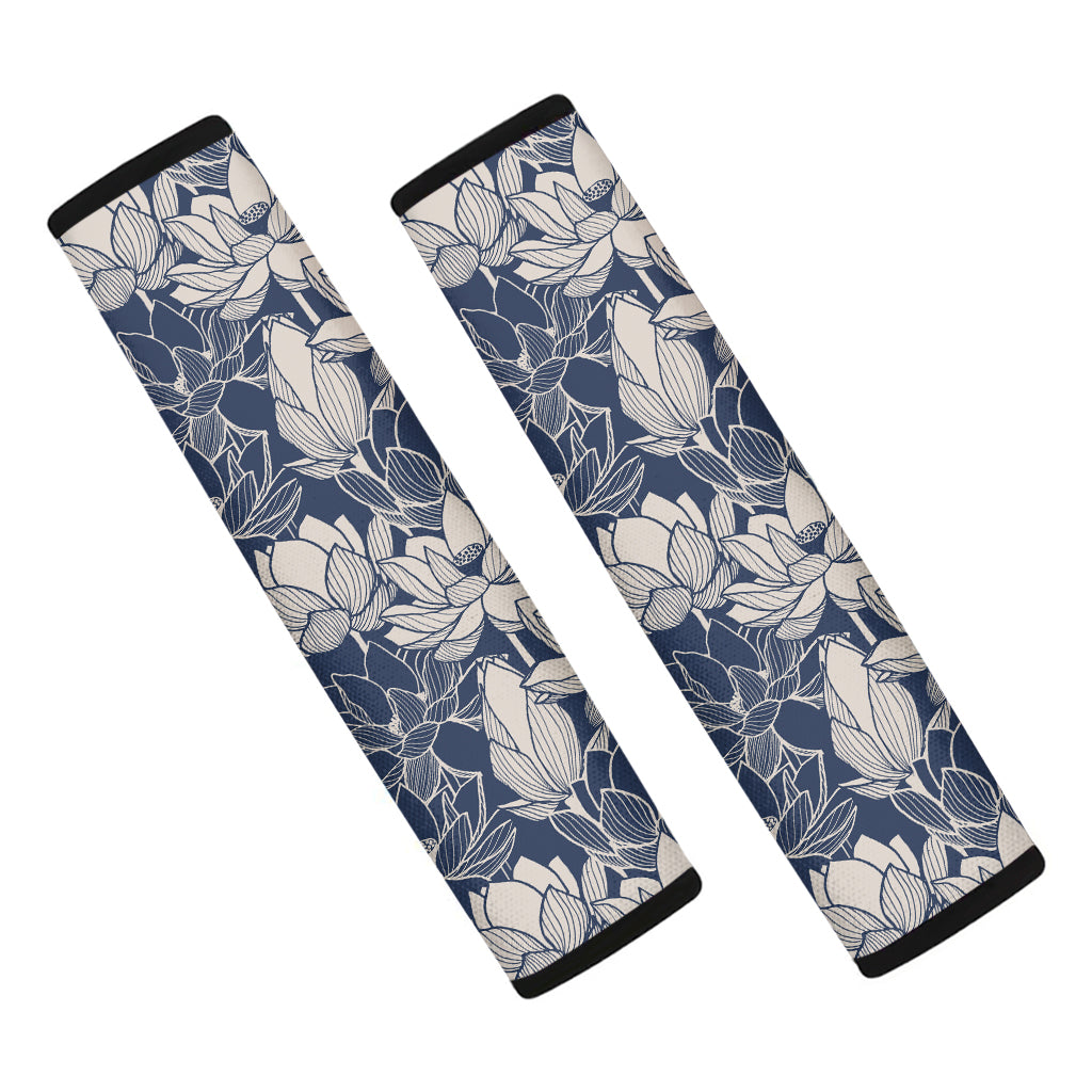 White And Blue Lotus Flower Print Car Seat Belt Covers