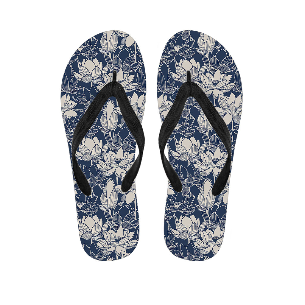 White And Blue Lotus Flower Print Flip Flops