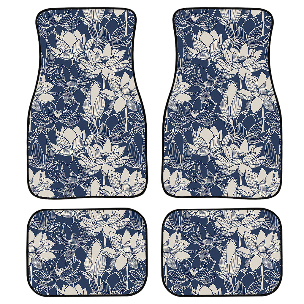 White And Blue Lotus Flower Print Front and Back Car Floor Mats