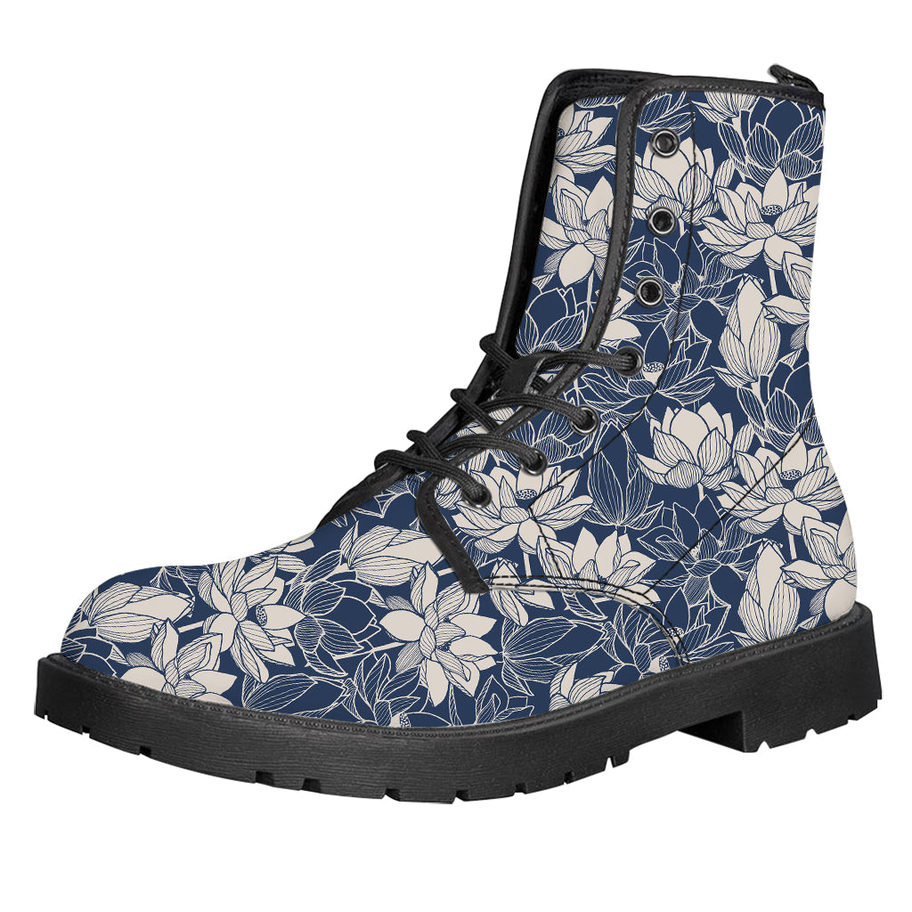 White And Blue Lotus Flower Print Leather Boots