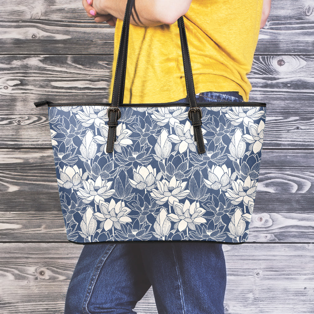 White And Blue Lotus Flower Print Leather Tote Bag