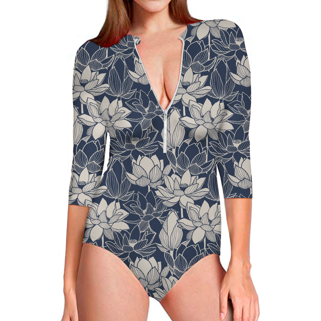 White And Blue Lotus Flower Print Long Sleeve One Piece Swimsuit