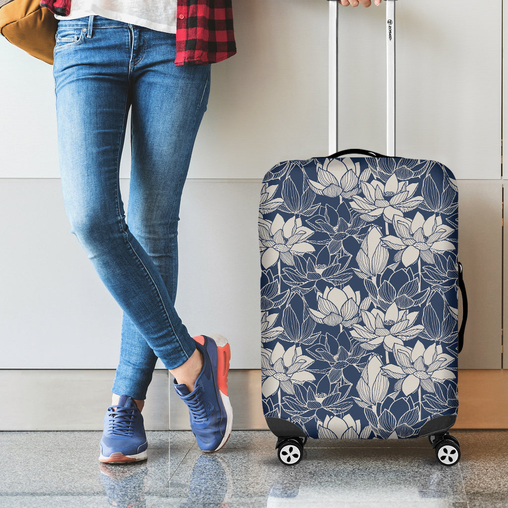 White And Blue Lotus Flower Print Luggage Cover