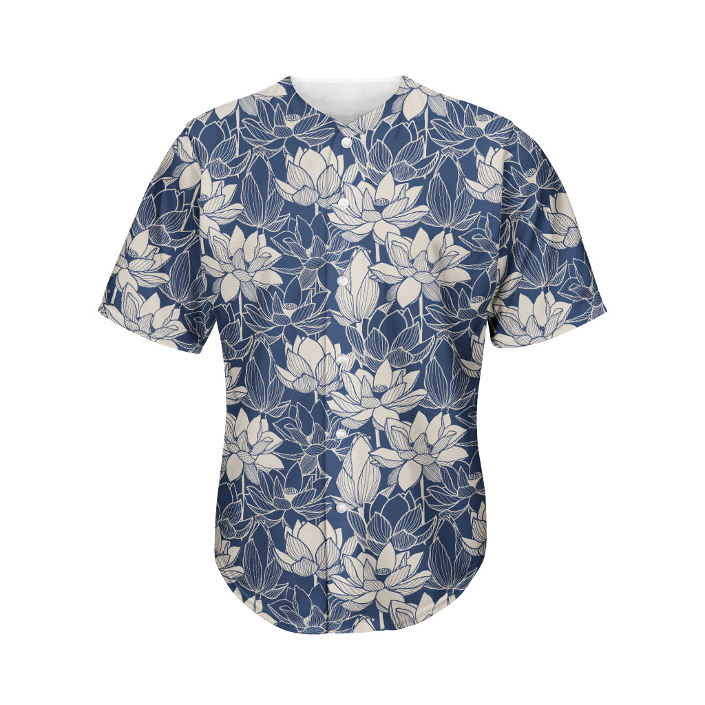 White And Blue Lotus Flower Print Men's Baseball Jersey