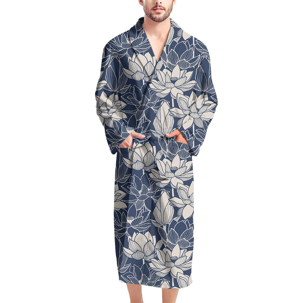 White And Blue Lotus Flower Print Men's Bathrobe