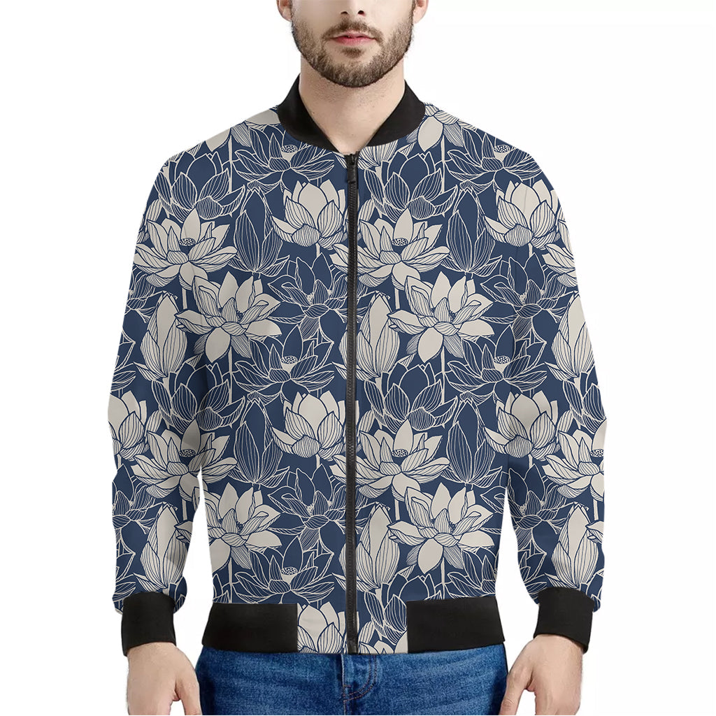 White And Blue Lotus Flower Print Men's Bomber Jacket