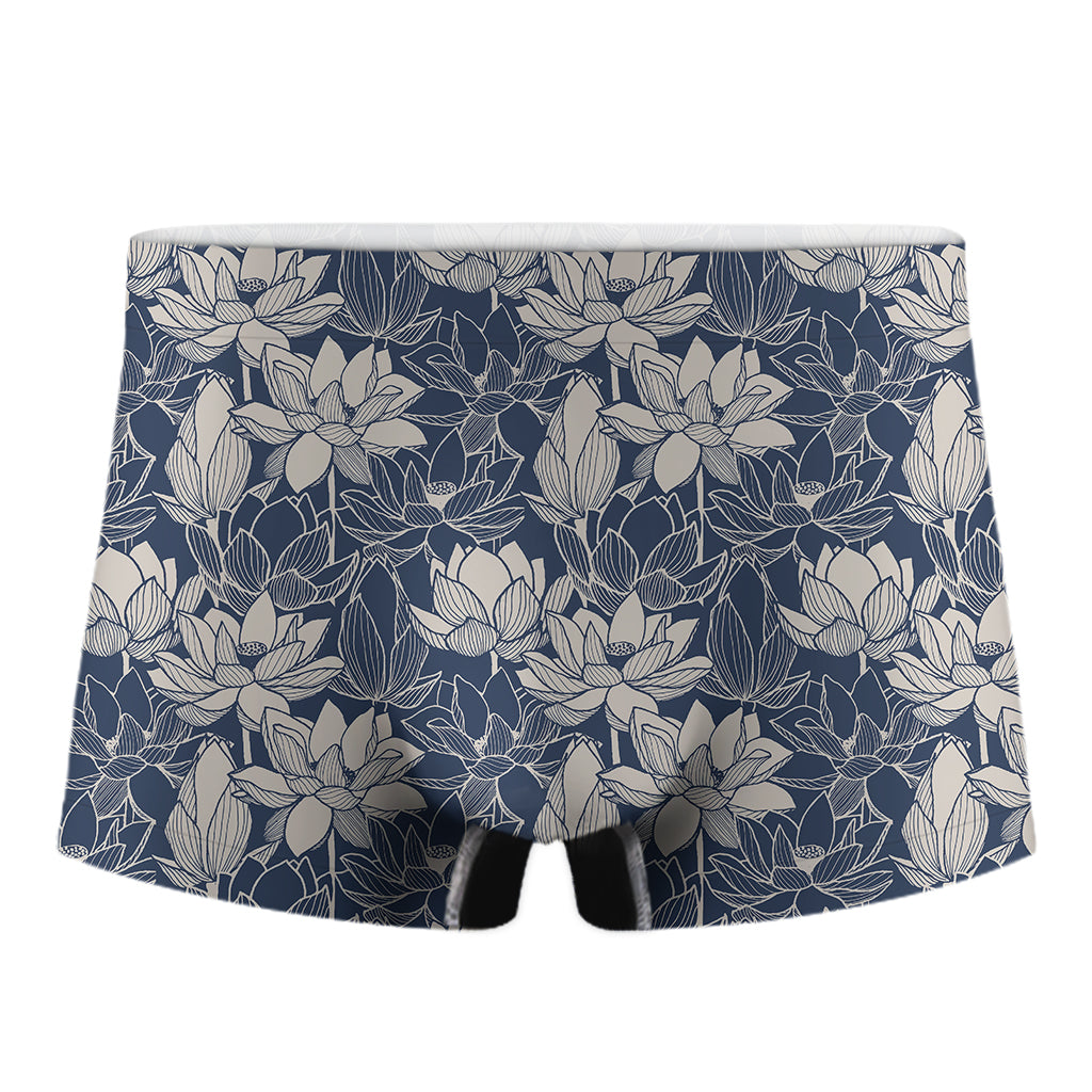 White And Blue Lotus Flower Print Men's Boxer Briefs