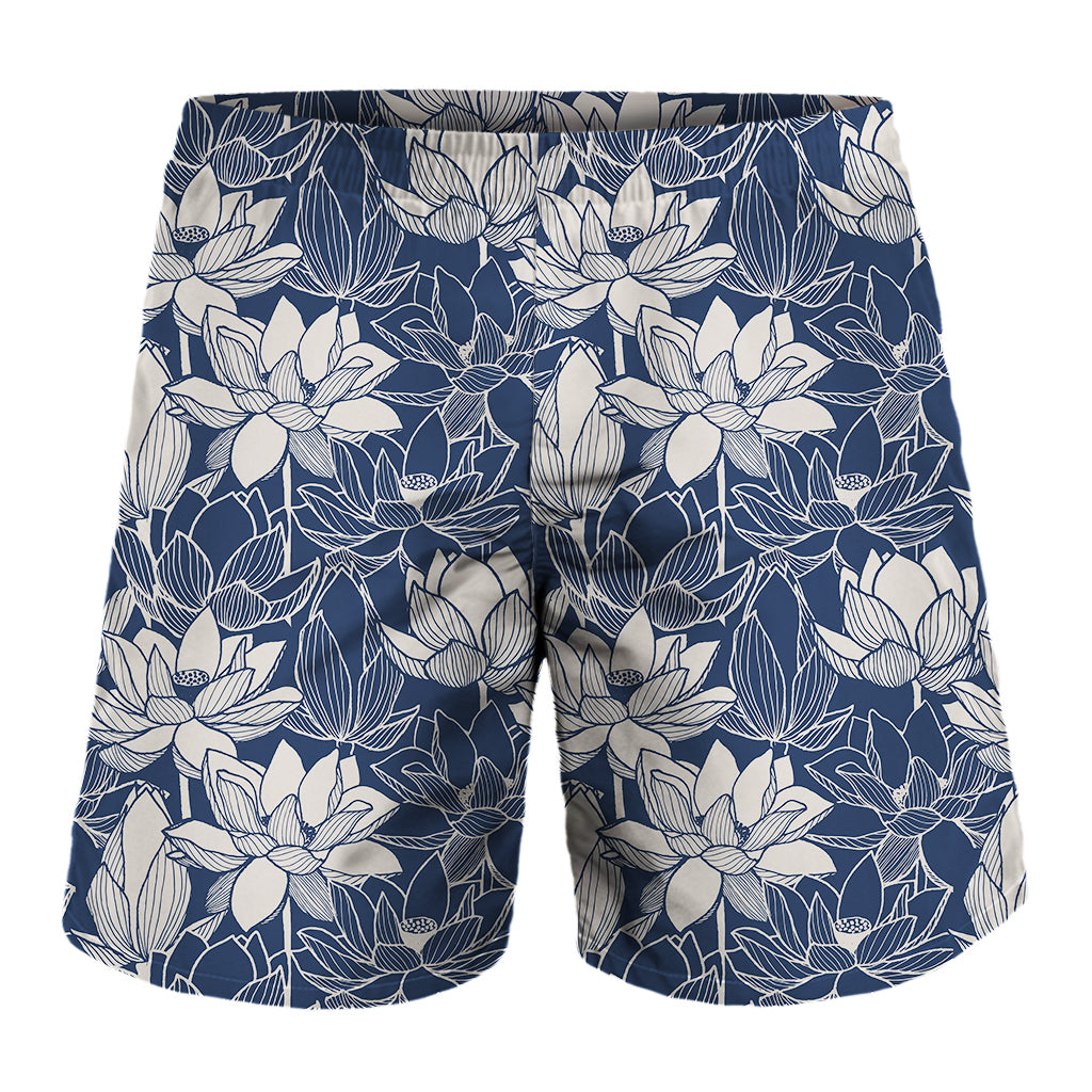 White And Blue Lotus Flower Print Men's Shorts