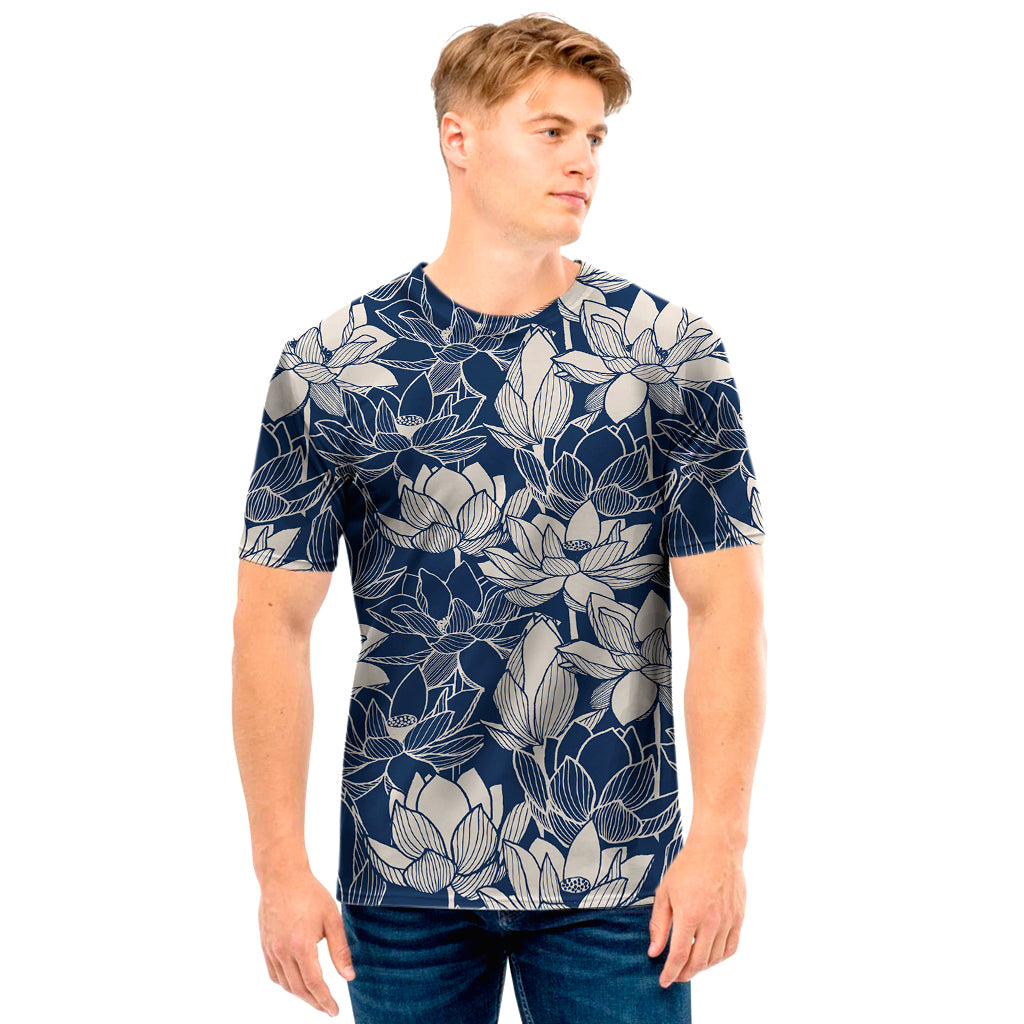 White And Blue Lotus Flower Print Men's T-Shirt