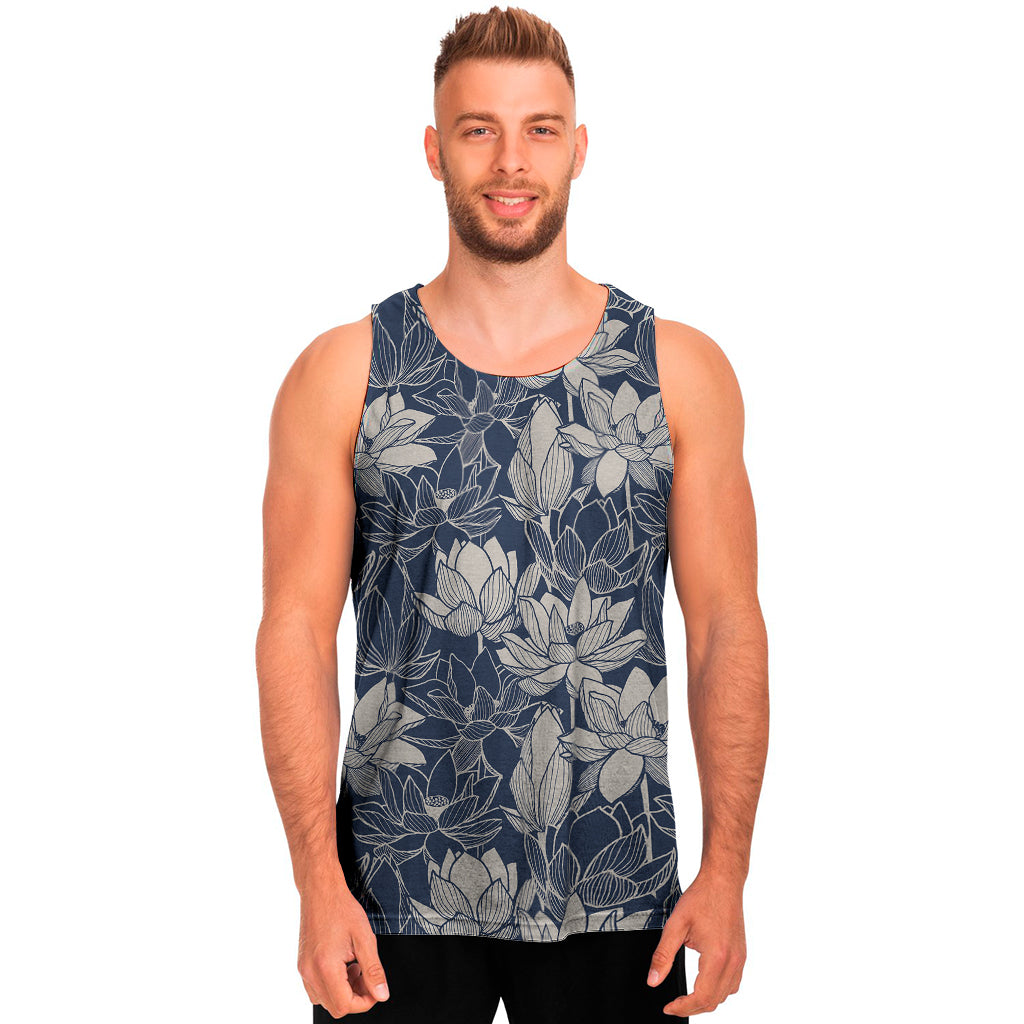 White And Blue Lotus Flower Print Men's Tank Top