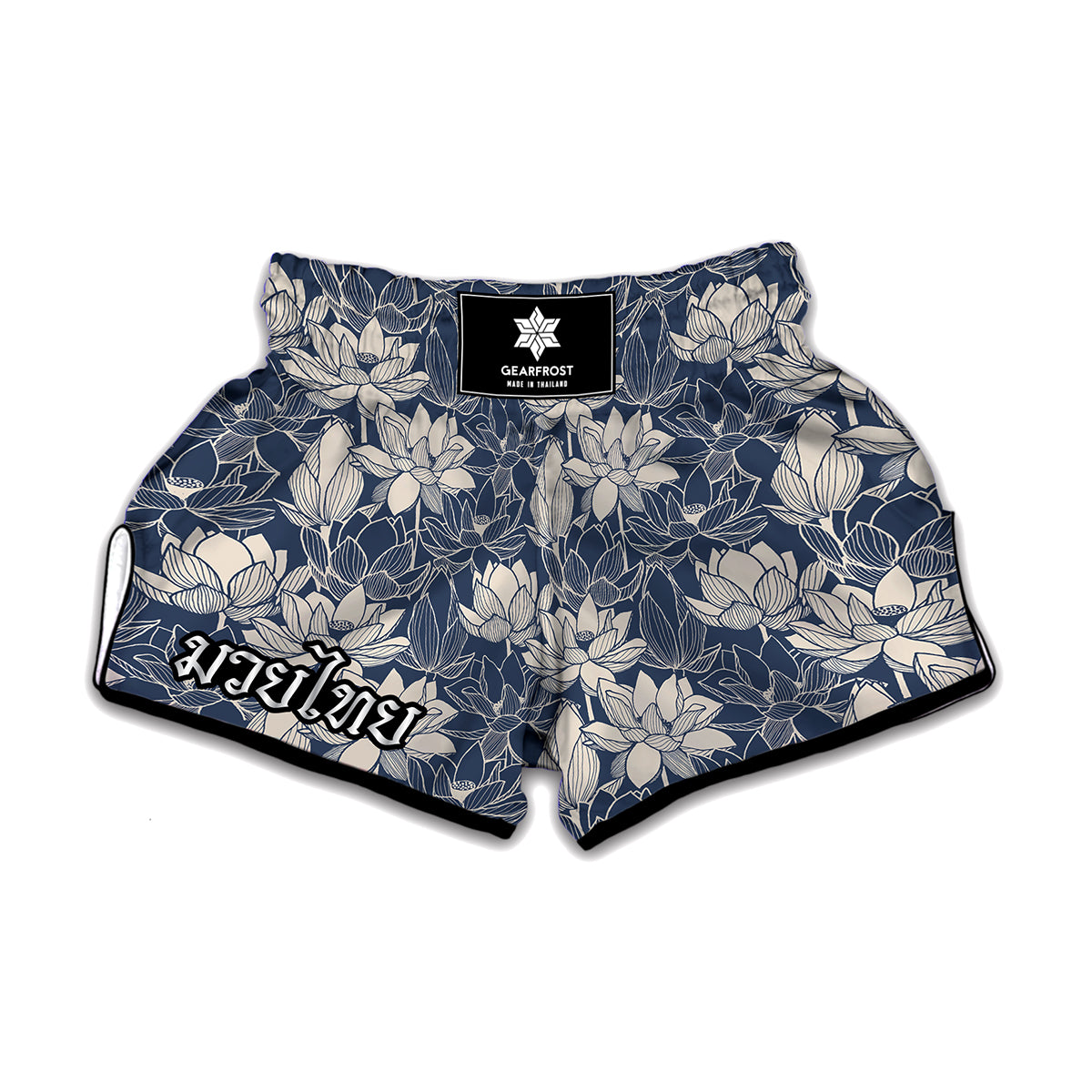 White And Blue Lotus Flower Print Muay Thai Boxing Shorts