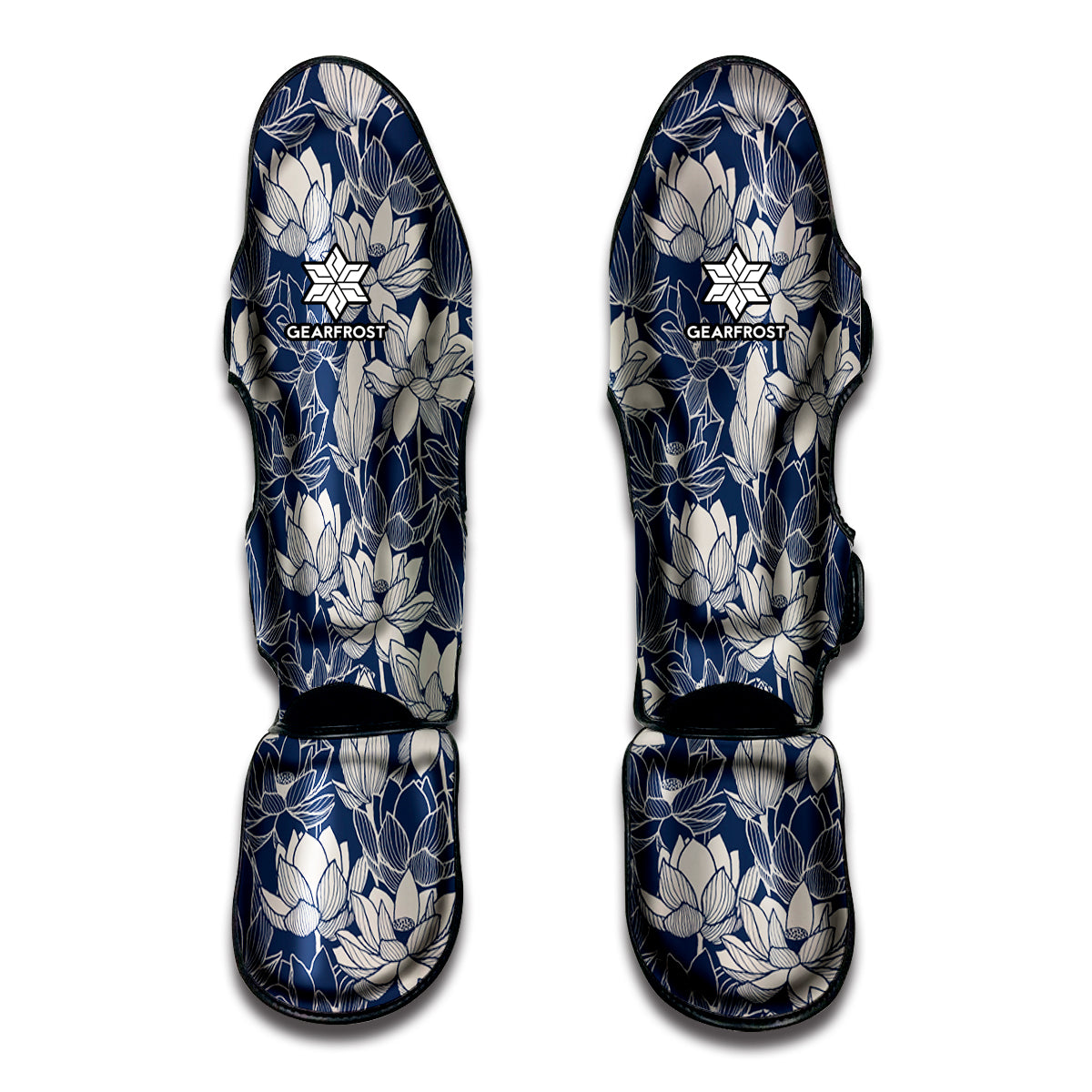 White And Blue Lotus Flower Print Muay Thai Shin Guards