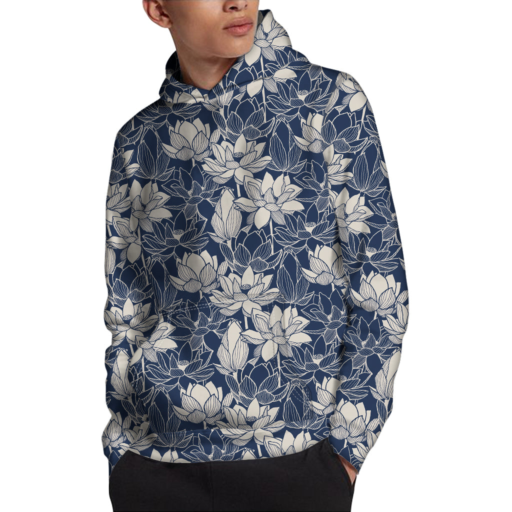 White And Blue Lotus Flower Print Pullover Hoodie