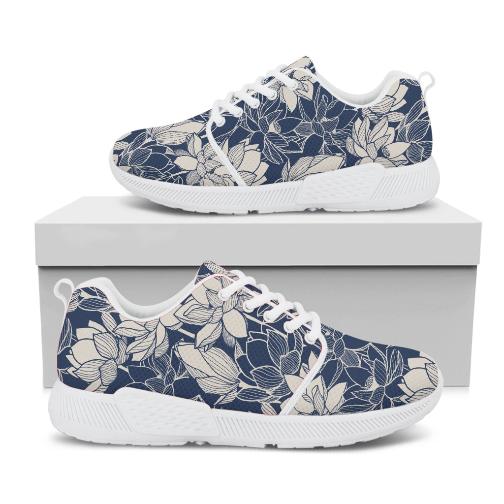 White And Blue Lotus Flower Print White Athletic Shoes