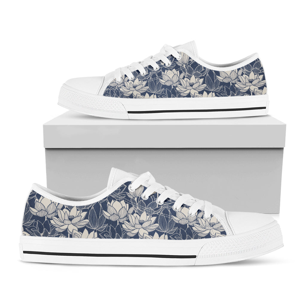 White And Blue Lotus Flower Print White Low Top Shoes