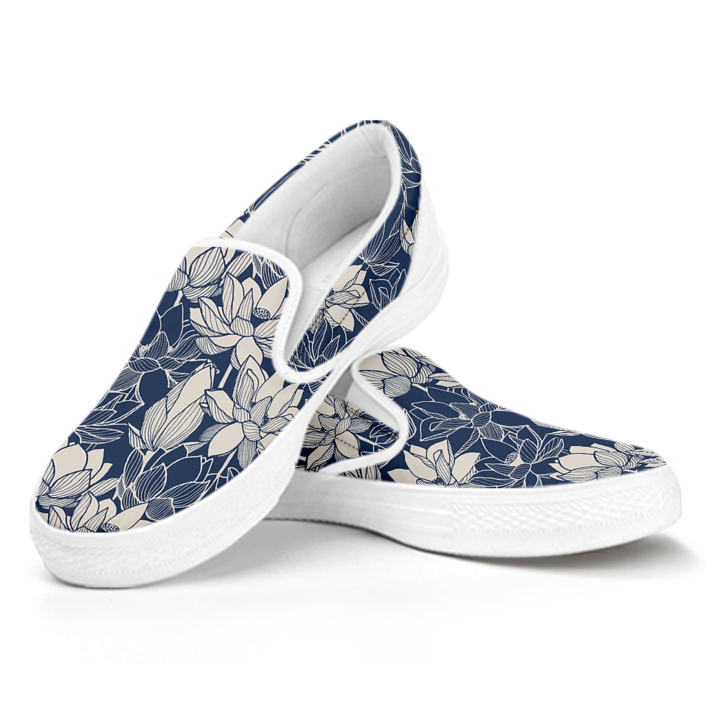 White And Blue Lotus Flower Print White Slip On Shoes