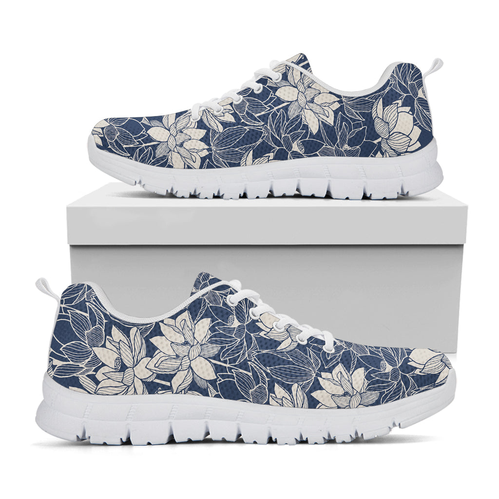 White And Blue Lotus Flower Print White Sneakers