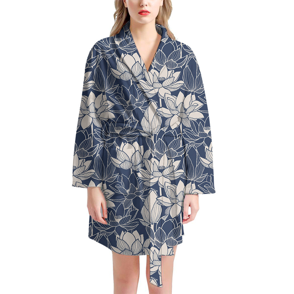 White And Blue Lotus Flower Print Women's Bathrobe