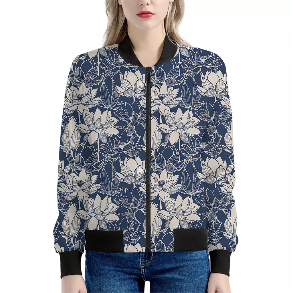 White And Blue Lotus Flower Print Women's Bomber Jacket