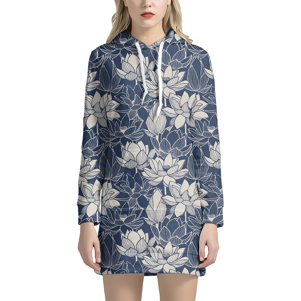 White And Blue Lotus Flower Print Women's Pullover Hoodie Dress