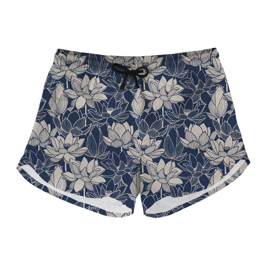 White And Blue Lotus Flower Print Women's Shorts