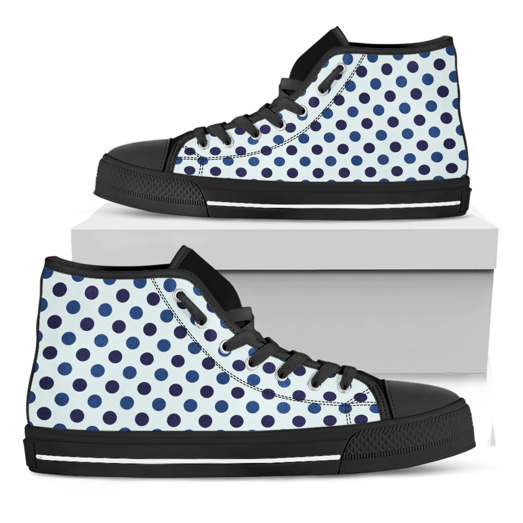 White And Blue Polka Dot Pattern Print Black High Top Shoes