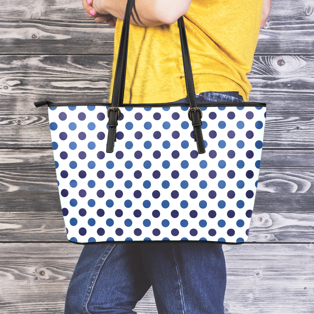 White And Blue Polka Dot Pattern Print Leather Tote Bag