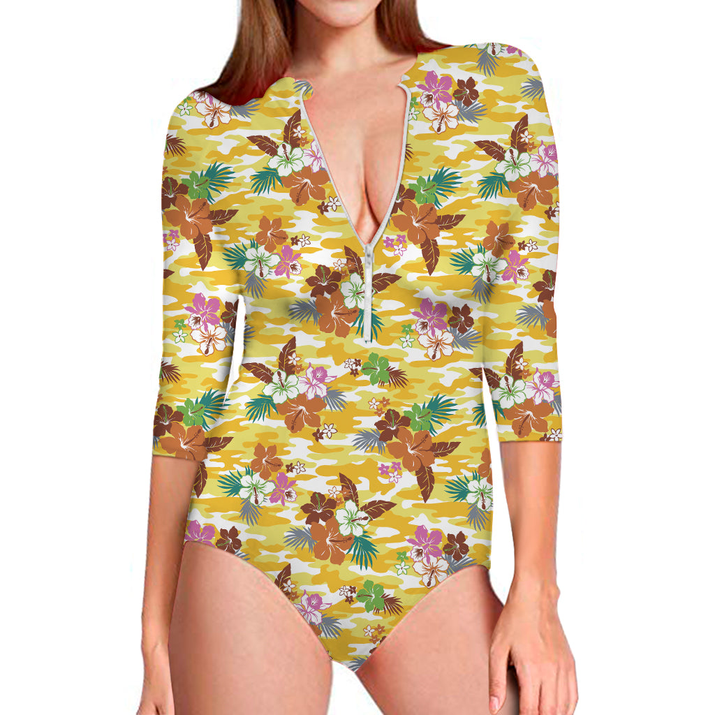 Yellow Camo And Hibiscus Flower Print Long Sleeve One Piece Swimsuit