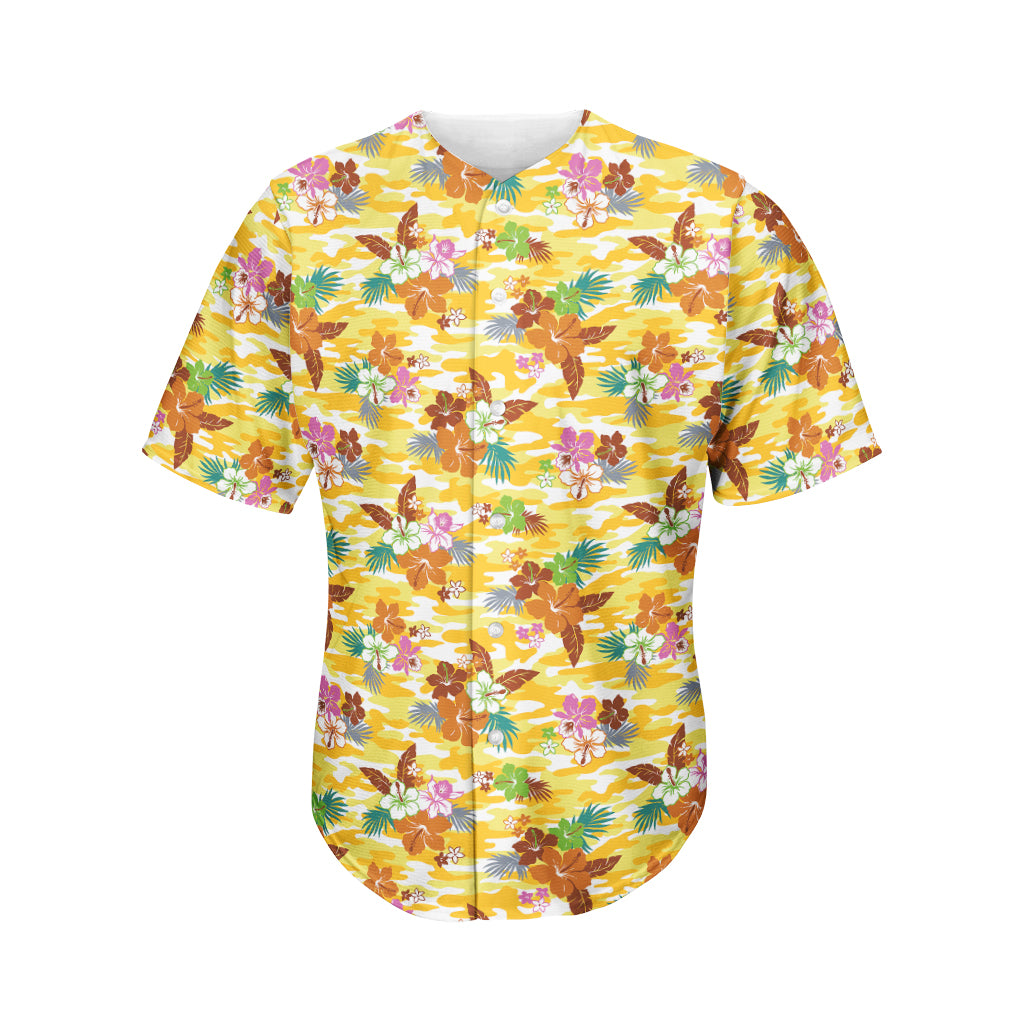 Yellow Camo And Hibiscus Flower Print Men's Baseball Jersey