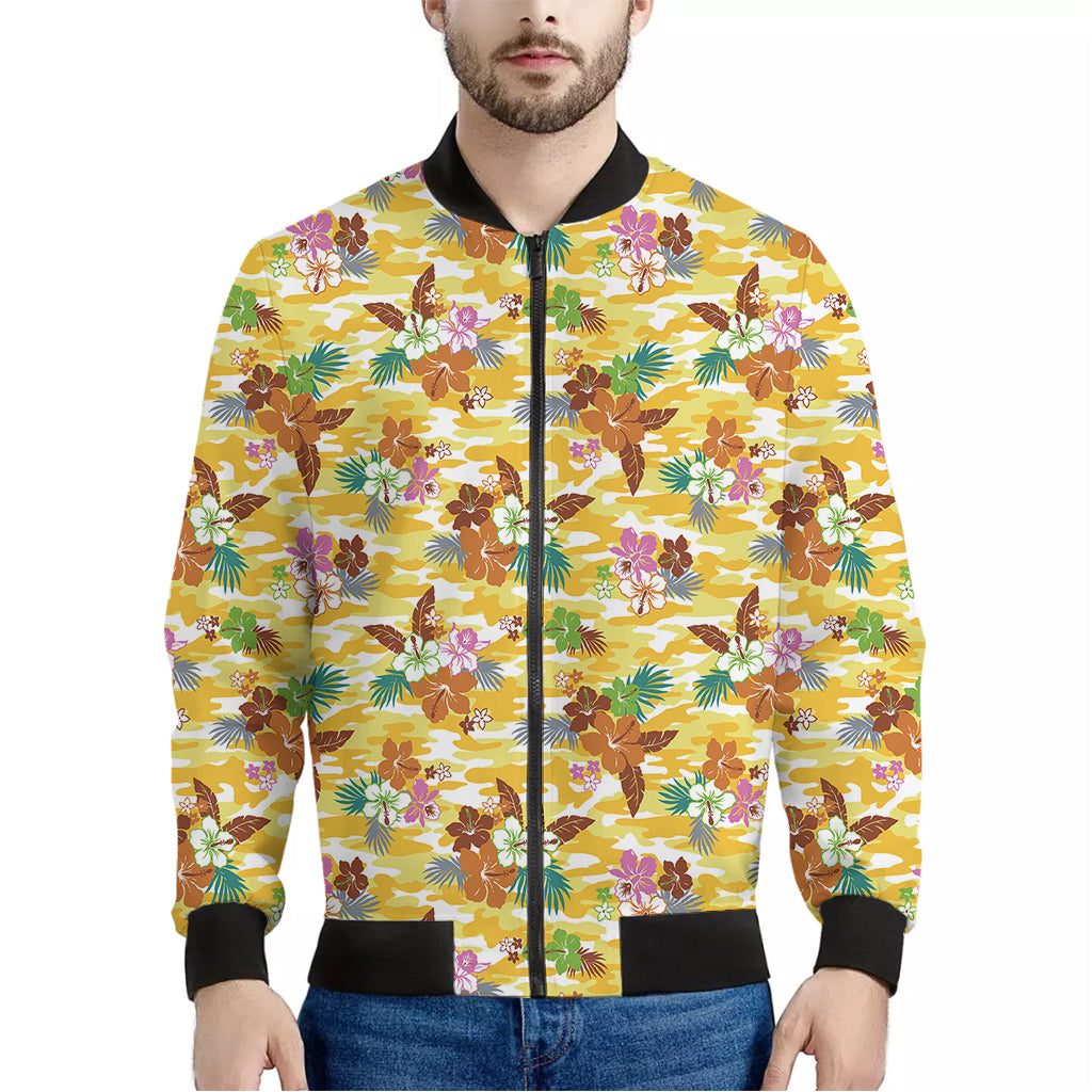 Yellow Camo And Hibiscus Flower Print Men's Bomber Jacket