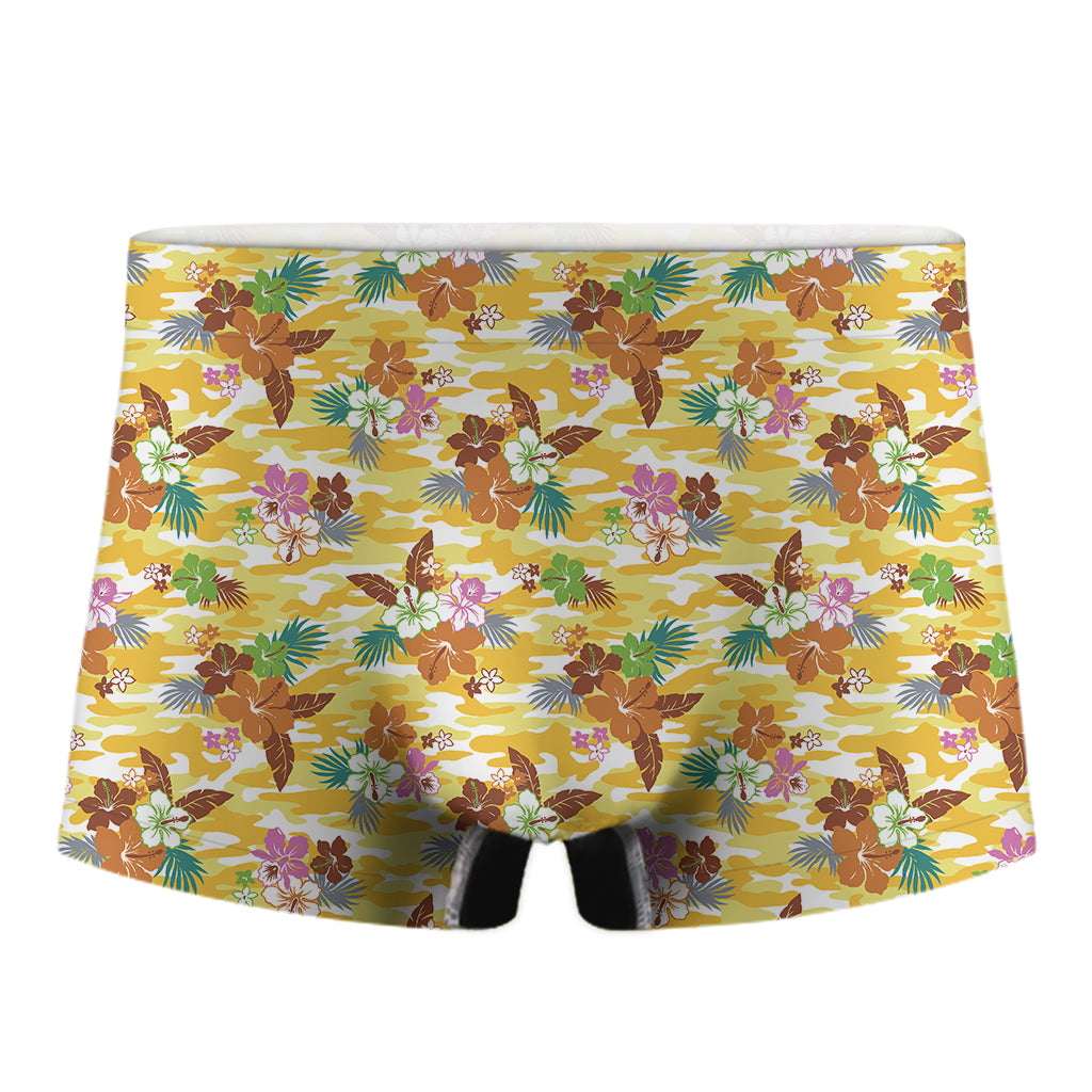 Yellow Camo And Hibiscus Flower Print Men's Boxer Briefs
