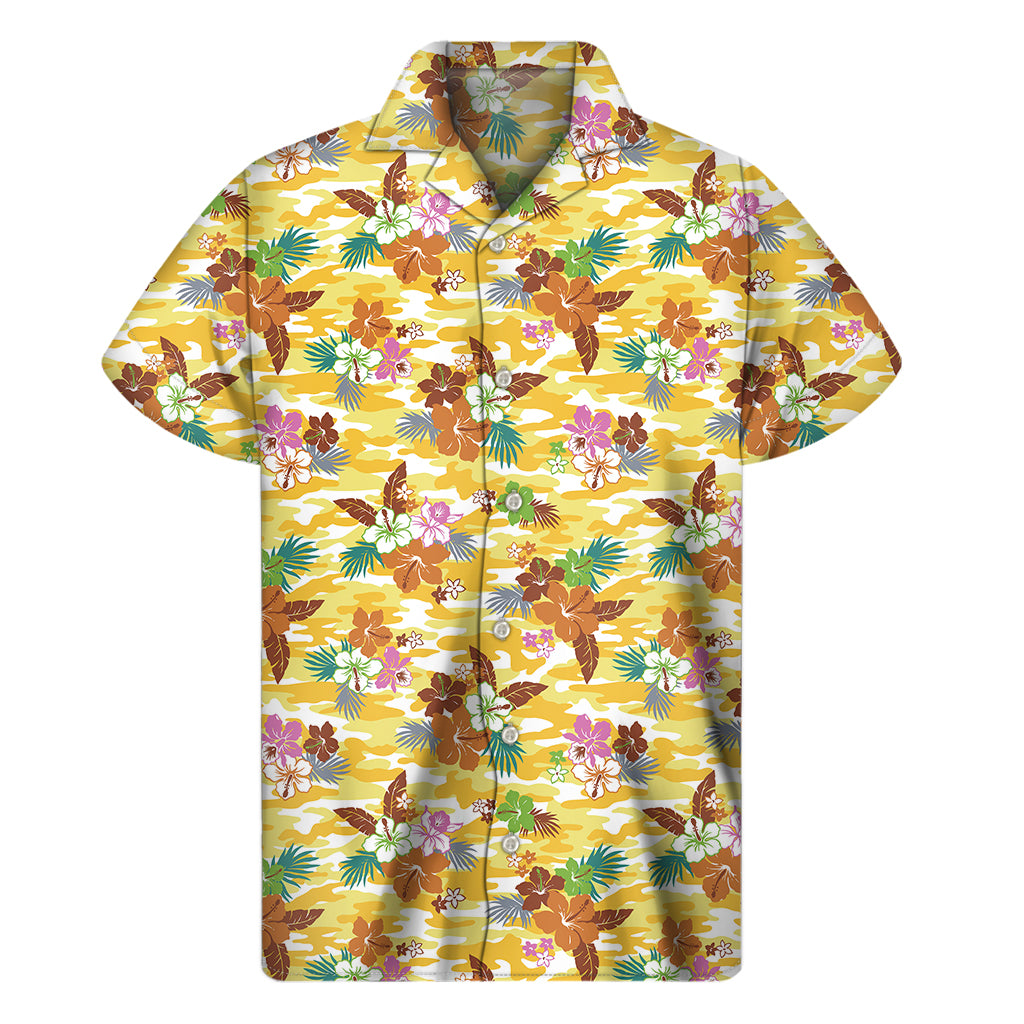 Yellow Camo And Hibiscus Flower Print Men's Short Sleeve Shirt