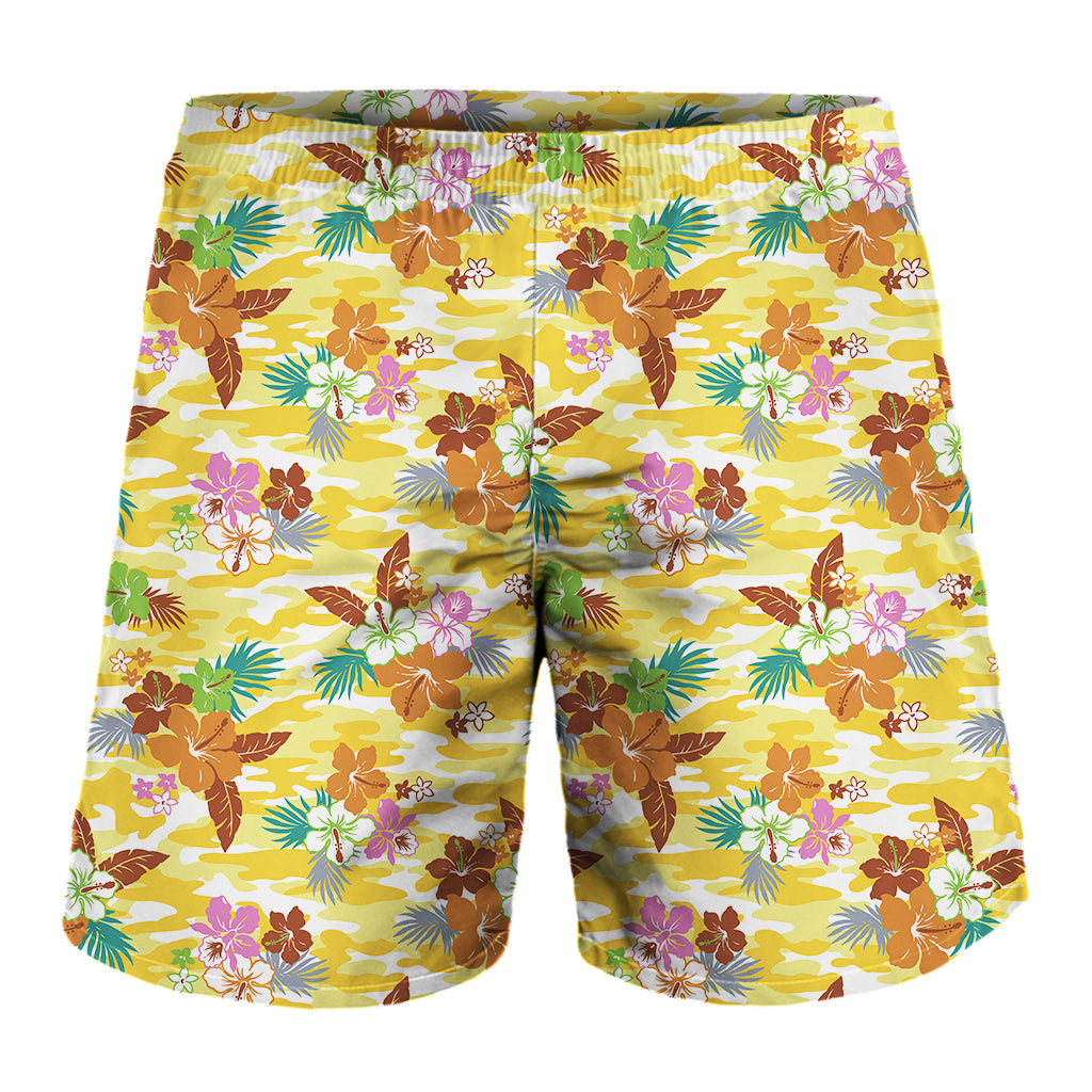 Yellow Camo And Hibiscus Flower Print Men's Shorts