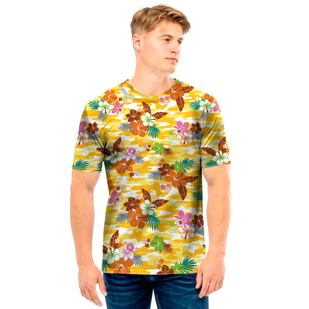 Yellow Camo And Hibiscus Flower Print Men's T-Shirt