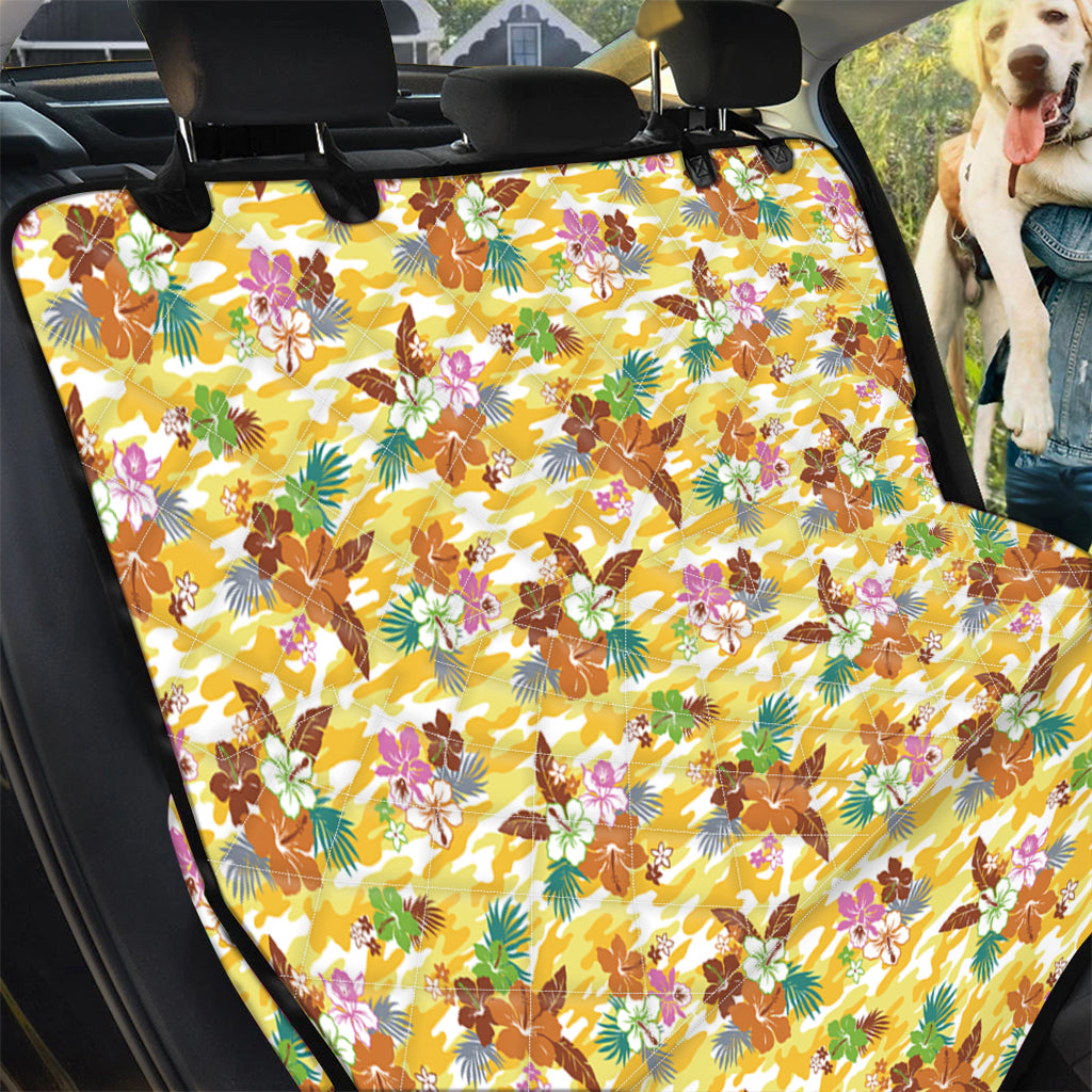Yellow Camo And Hibiscus Flower Print Pet Car Back Seat Cover