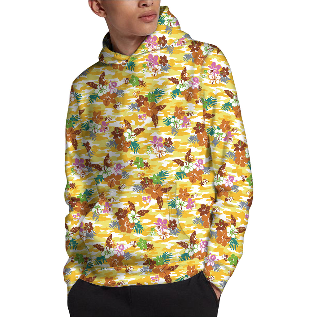 Yellow Camo And Hibiscus Flower Print Pullover Hoodie