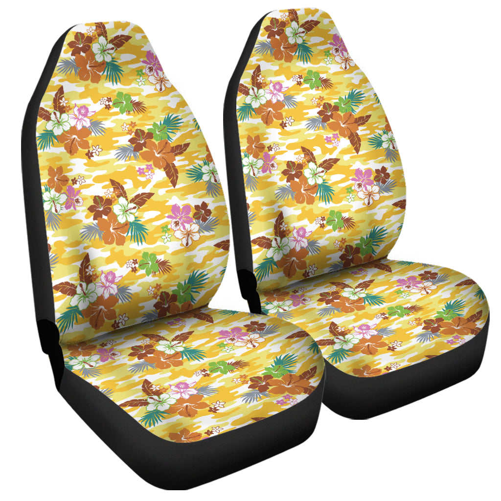 Yellow Camo And Hibiscus Flower Print Universal Fit Car Seat Covers