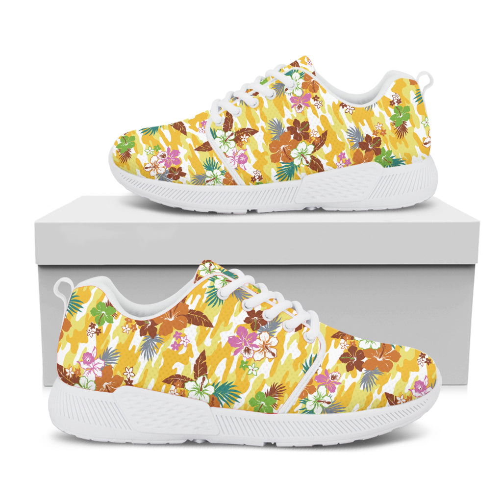 Yellow Camo And Hibiscus Flower Print White Athletic Shoes