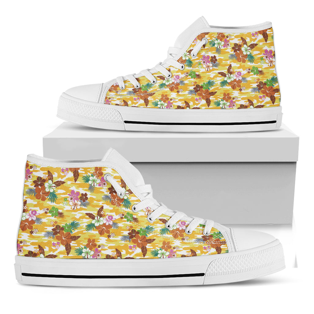 Yellow Camo And Hibiscus Flower Print White High Top Shoes