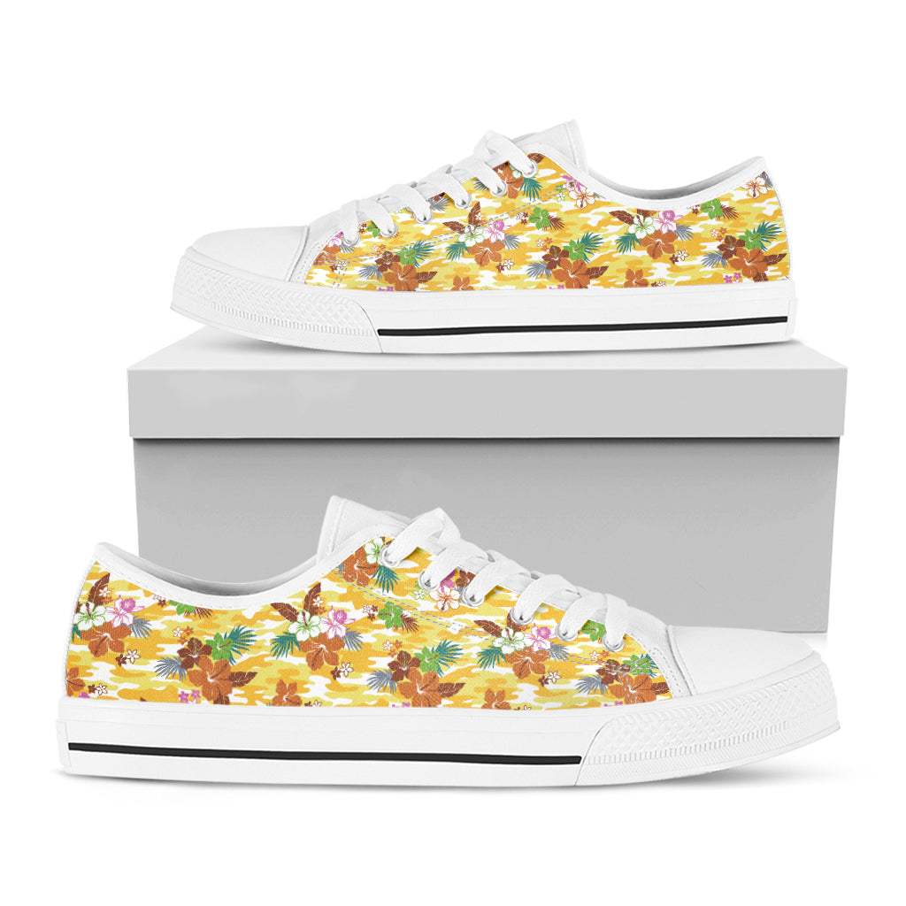 Yellow Camo And Hibiscus Flower Print White Low Top Shoes